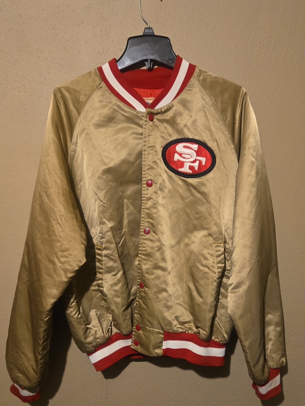 Gold Satin Bomber Jacket with Red Trim and Team Patch